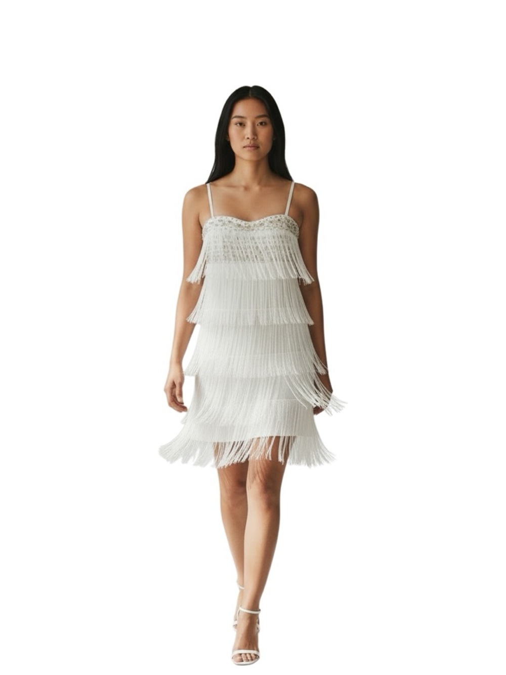 AIDA White Flapper Dress Rhinestones & Fringe Size Medium NWT